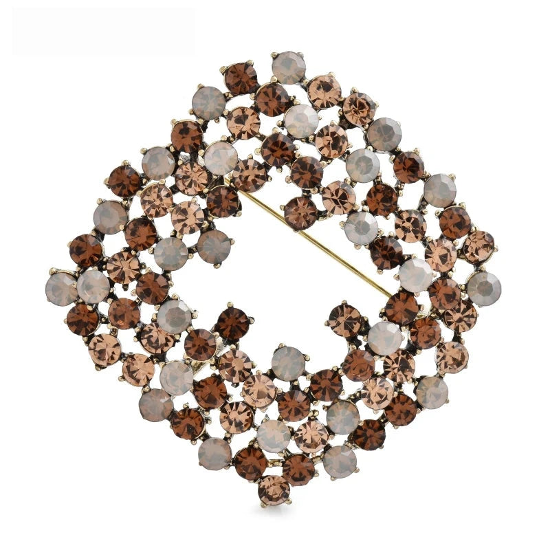 Openwork Rhinestone Square Brooch — Brown