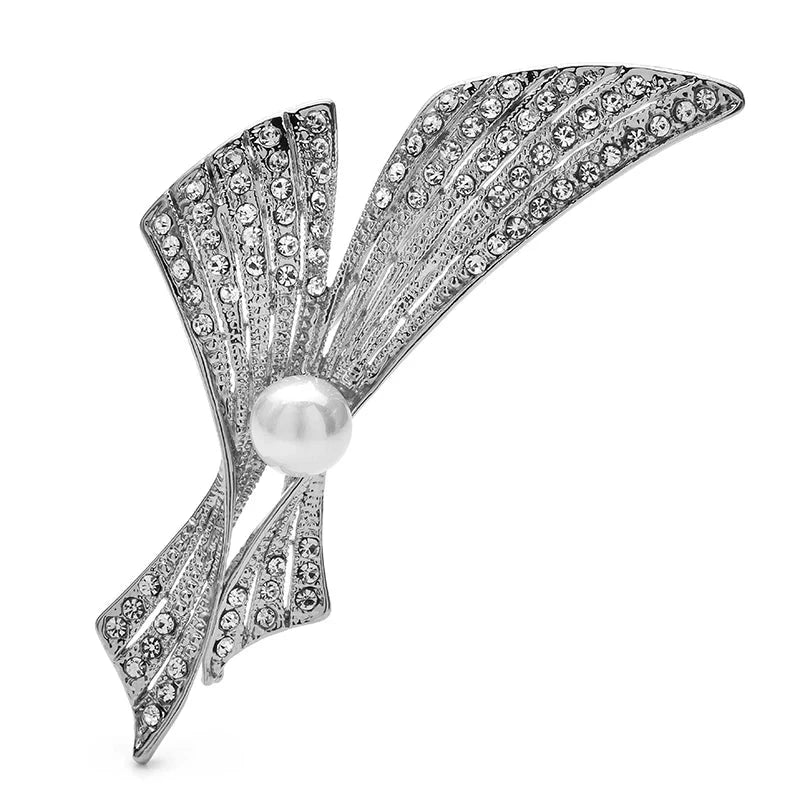 Rhinestone Ribbon Bow with Pearl-Look Center Brooch — Silver