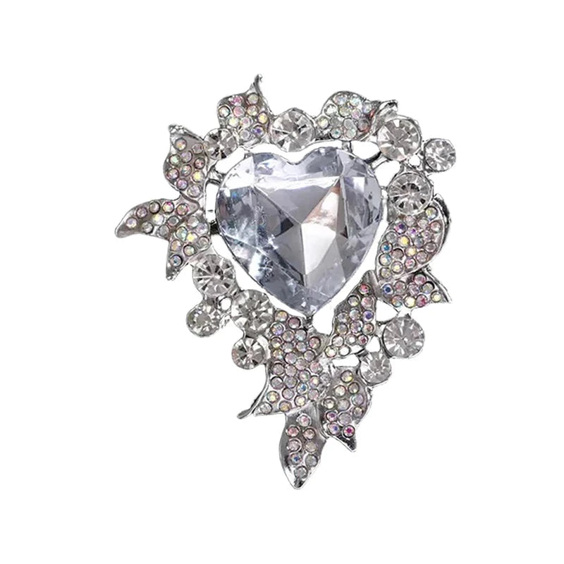 Faceted Heart with Floral Rhinestone Frame Brooch — Clear