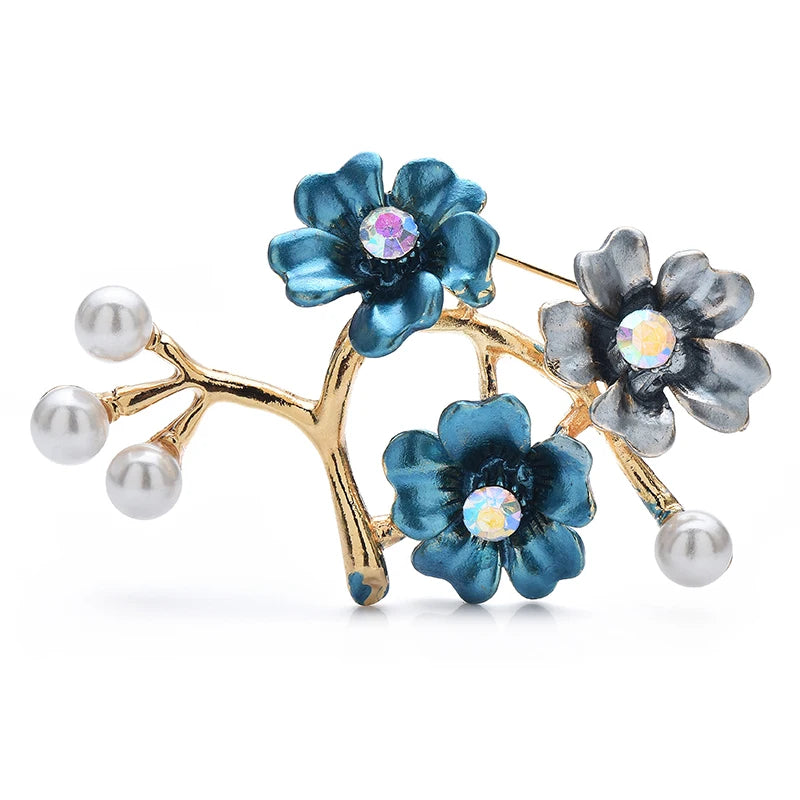 Enamel Plum Blossom Branch with Pearl-Look Buds Brooch — Blue