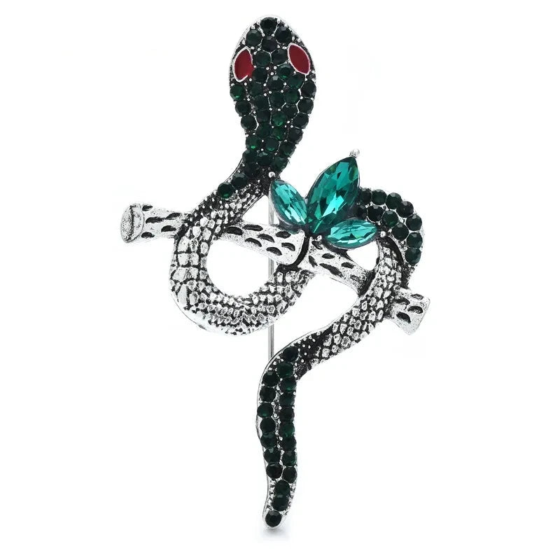Jeweled Snake on Textured Branch Brooch — Silver