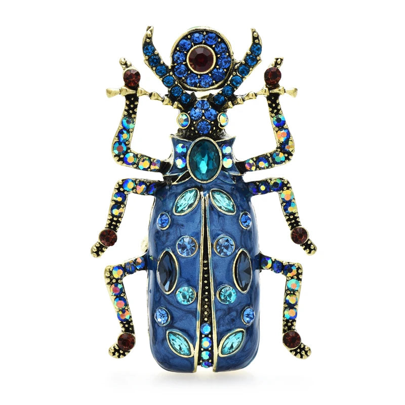 Ornate Enamel Beetle with Faceted Accents Brooch — Dark Blue