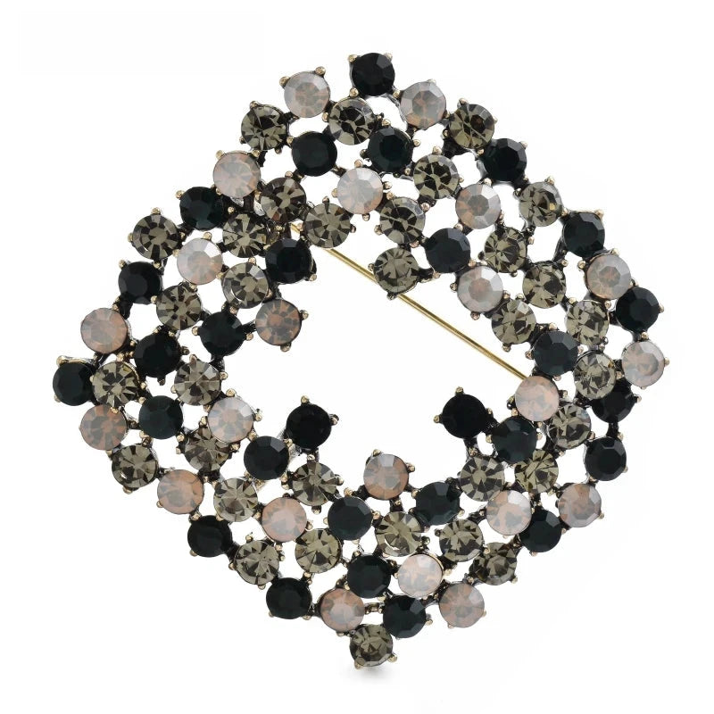 Openwork Rhinestone Square Brooch — Black