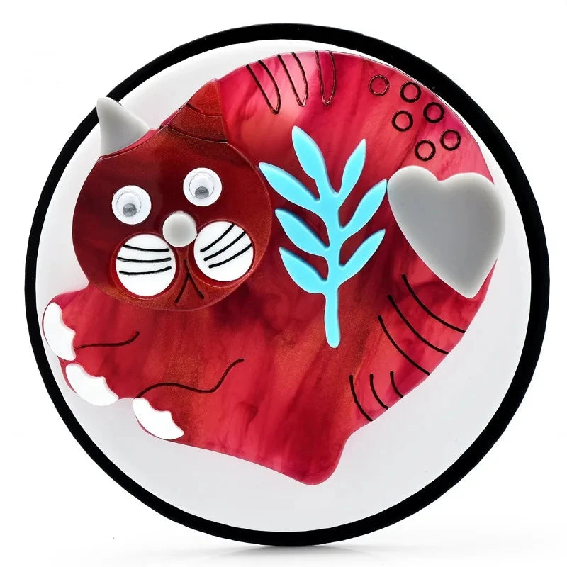Articulated Acrylic Cat Circle Brooch — Red