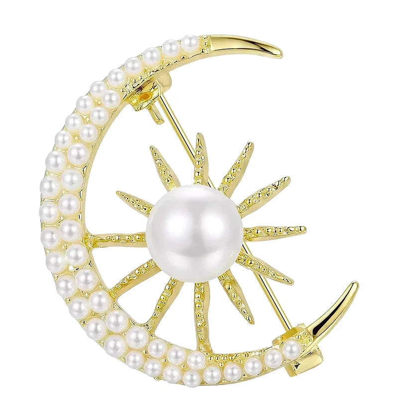 Pearl-Look Accent Sun and Crescent Moon Brooch original white background product photo
