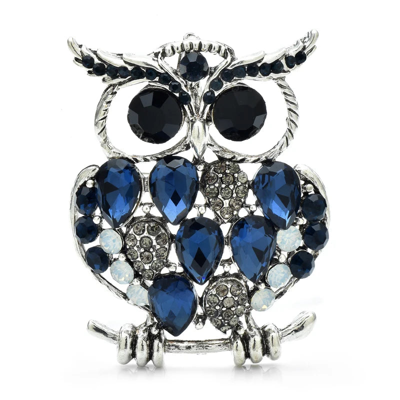 Jeweled Owl with Oversized Eyes Brooch — Blue