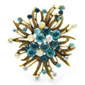 Vintage-Style Jeweled Flower with Curved Petals Brooch — Light Blue