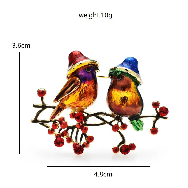 Enamel Bird Pair on a Berry Branch Brooch