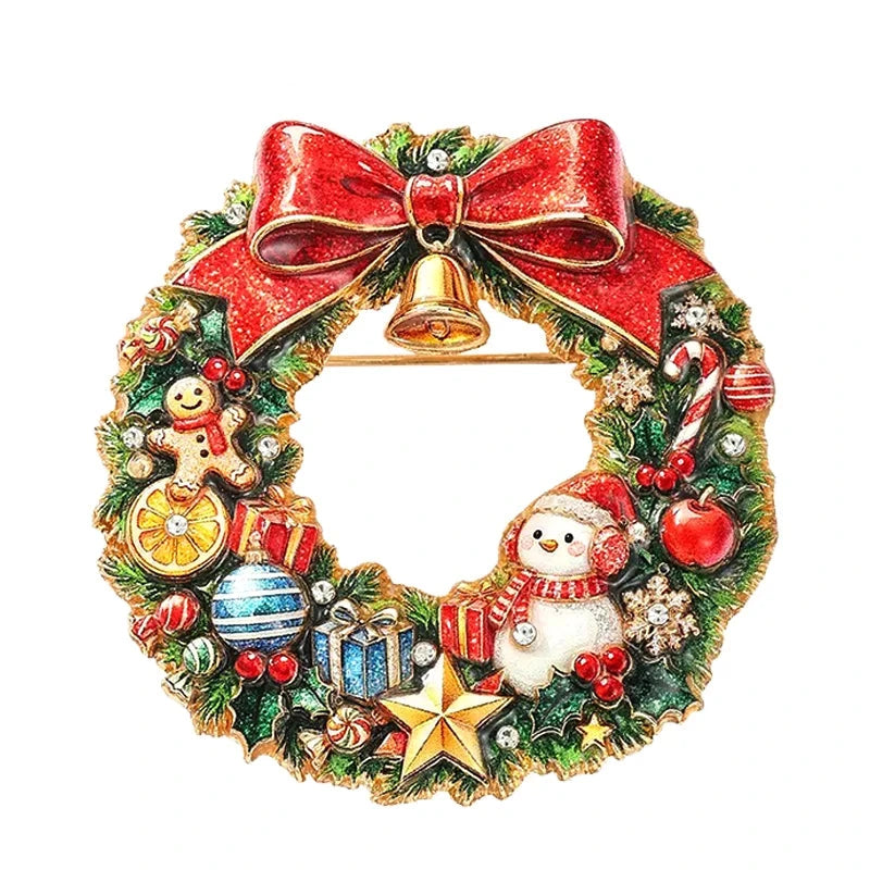 Festive Bow and Ornament Wreath Brooch on its original white background