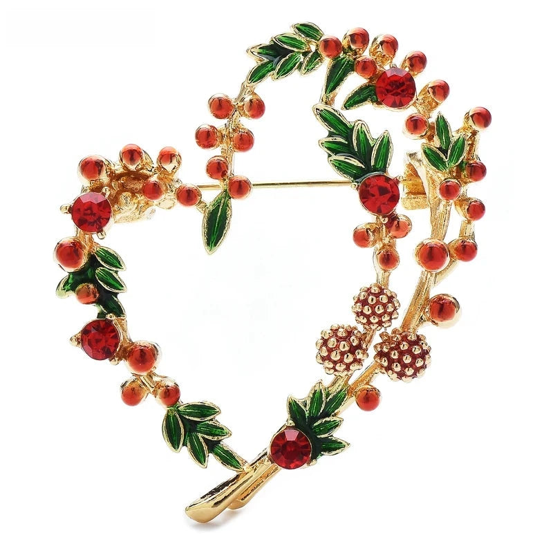 Berry and Leaf Heart Wreath Brooch — Red