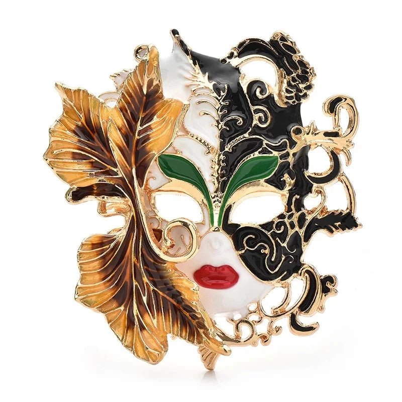 Enamel Art Face with Leaf Details Brooch — Black & White