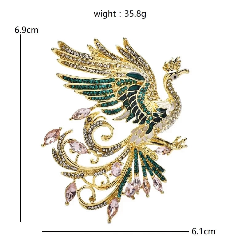 Green Enamel Phoenix with Rhinestones Brooch — dimensions