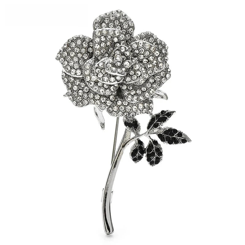 White Rhinestone Rose with Black Leaves Brooch — White Rose