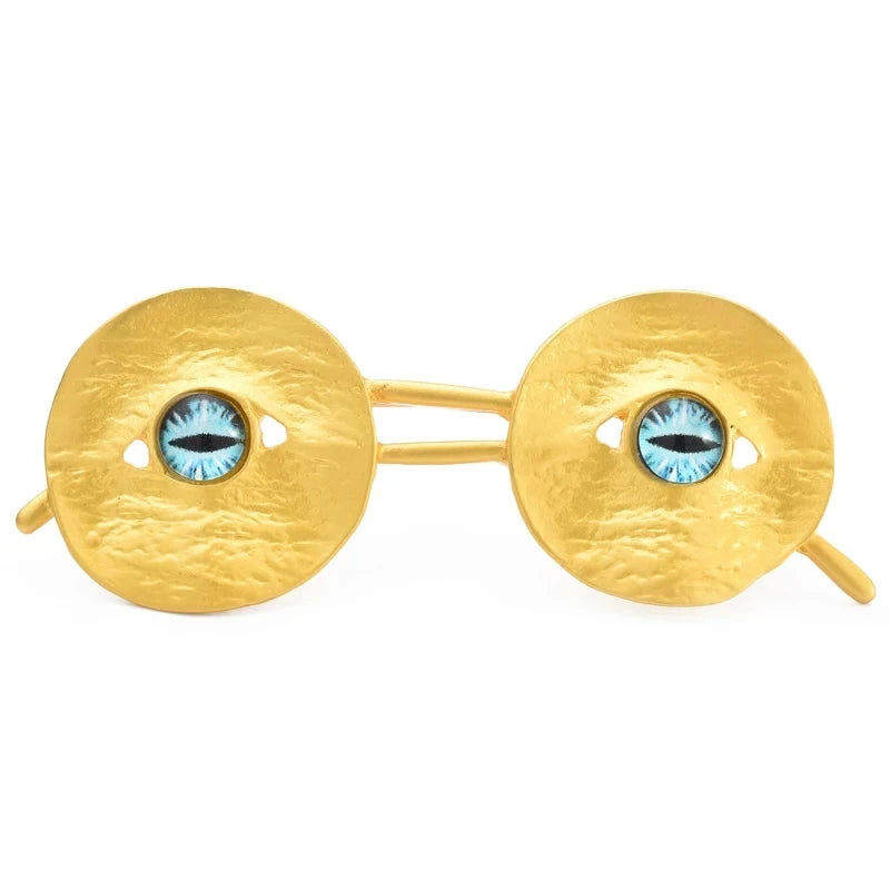 Textured Round Eyeglasses with Blue Lens Accents Brooch — Gold