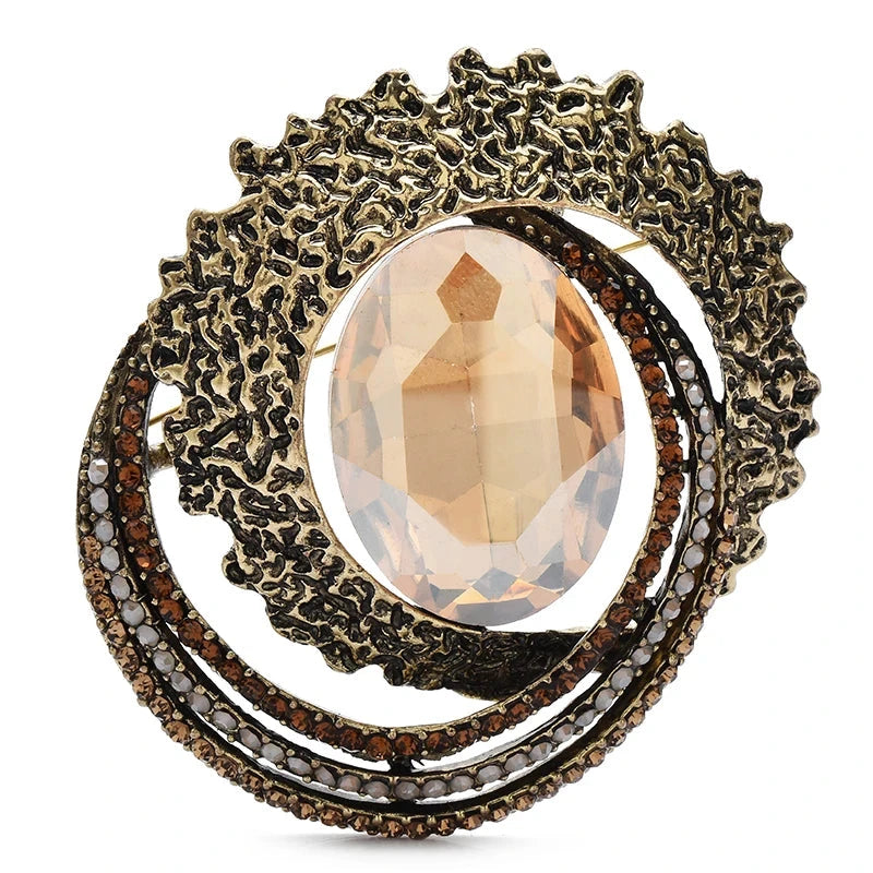 Vintage-Style Faceted Oval with Layered Frame Brooch — Champagne
