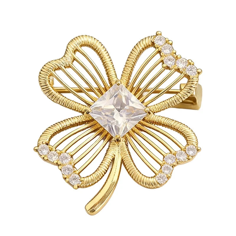 Openwork Four Leaf Clover Faceted Brooch original white background product photo