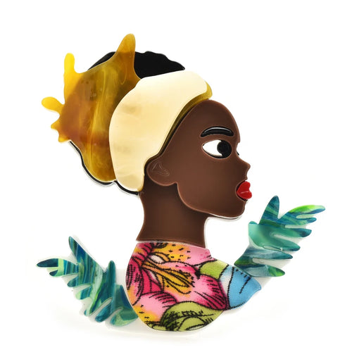 Acrylic Woman Portrait with Floral Outfit Brooch — Yellow
