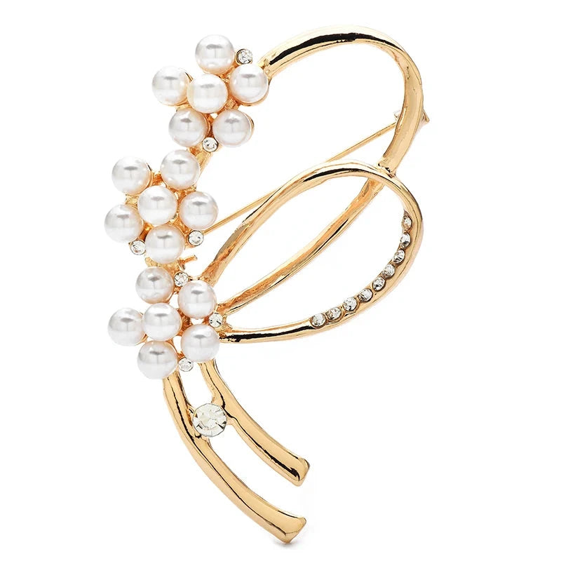 Openwork Floral Stem with Pearl-Look Accents Brooch — Gold