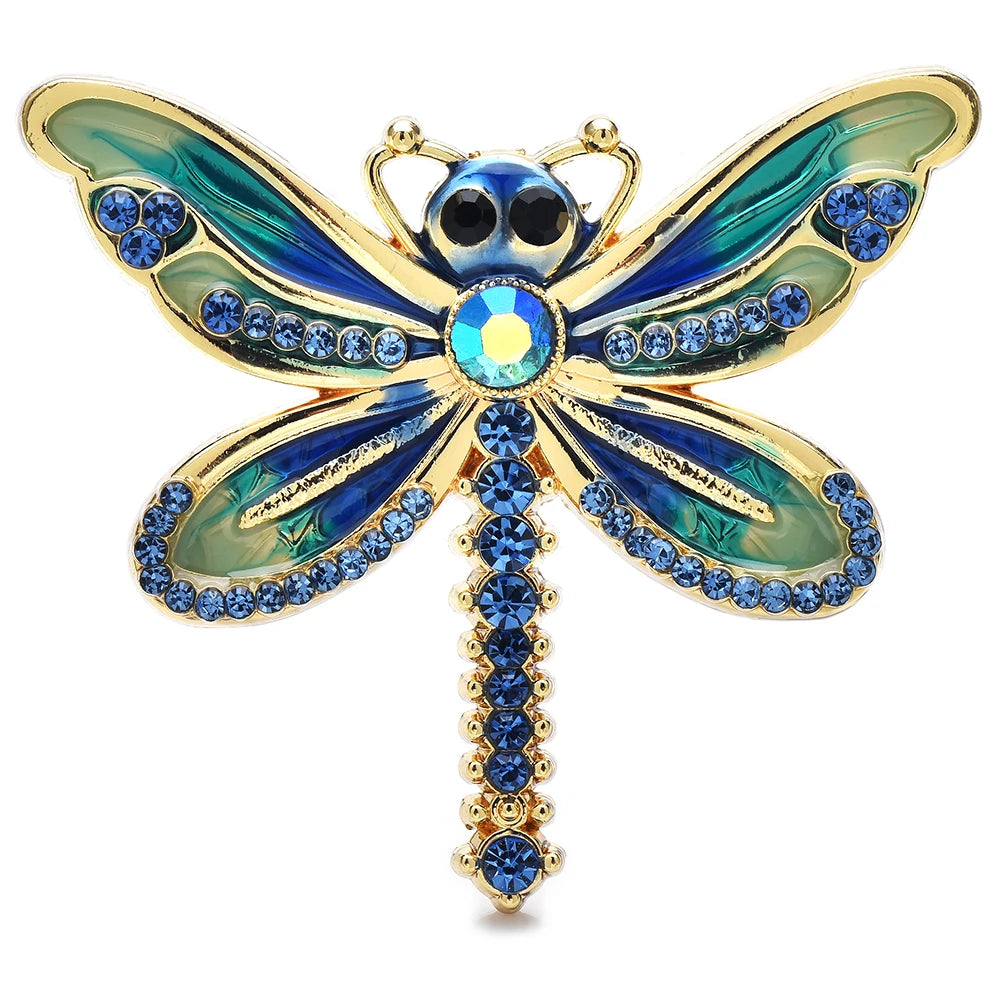 Colorful Enamel Dragonfly with Rhinestone Tail Brooch — Blue & Green