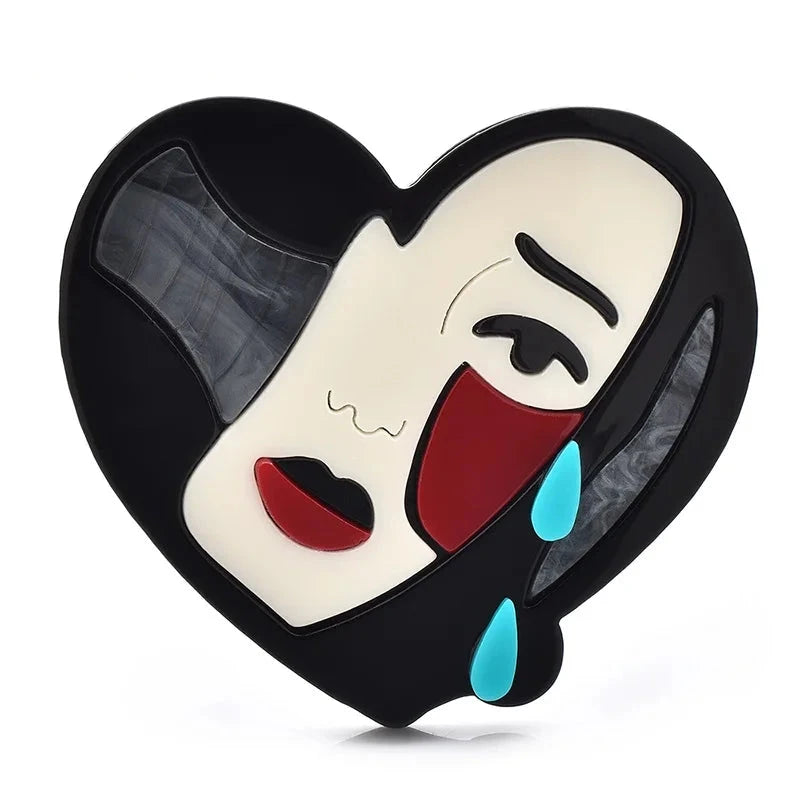 Acrylic Heart-Shaped Tearful Portrait Brooch — Heart-Shaped Portrait