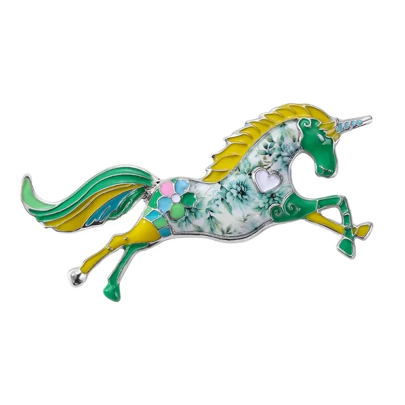 Floral Enamel Galloping Unicorn Brooch — Green