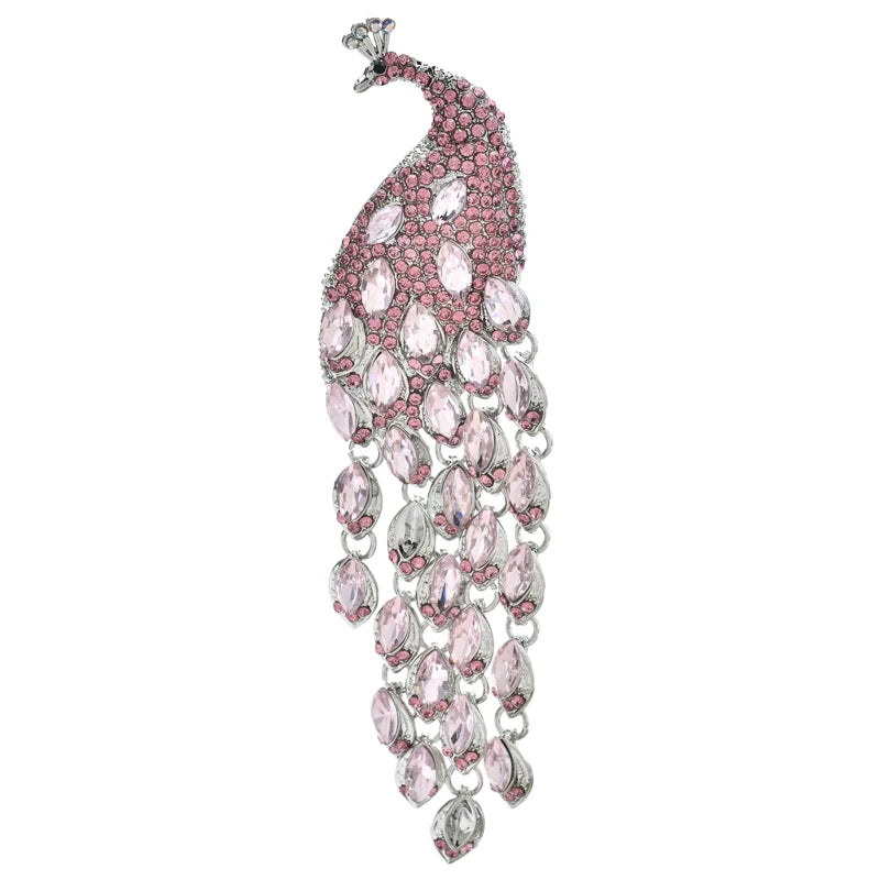 Cascading Crystal-Look Peacock Brooch