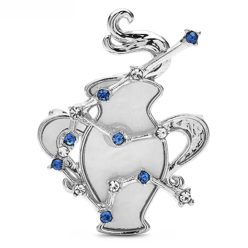 Aquarius Zodiac with Blue Star Accents Brooch — Silver