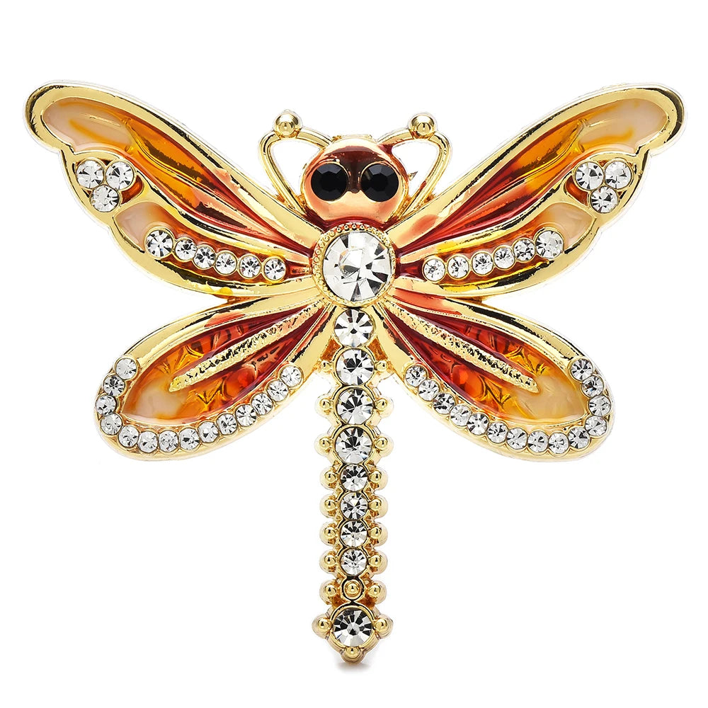 Colorful Enamel Dragonfly with Rhinestone Tail Brooch — Amber & Yellow