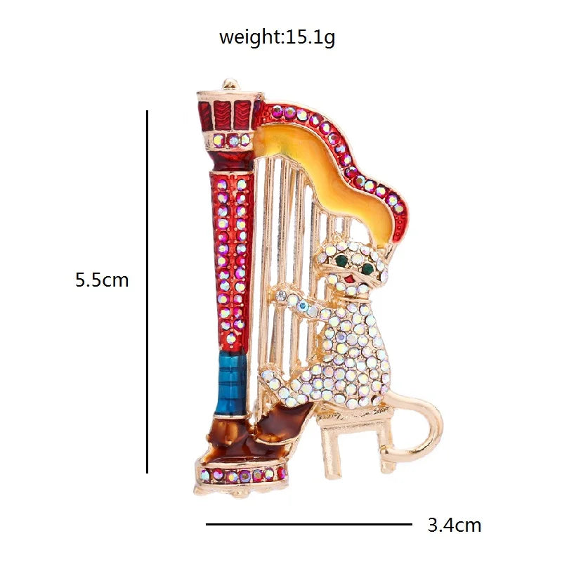 Jeweled Cat Playing a Harp Brooch