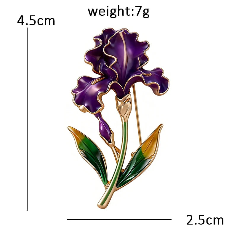 Broche iris violet profond à feuilles vertes