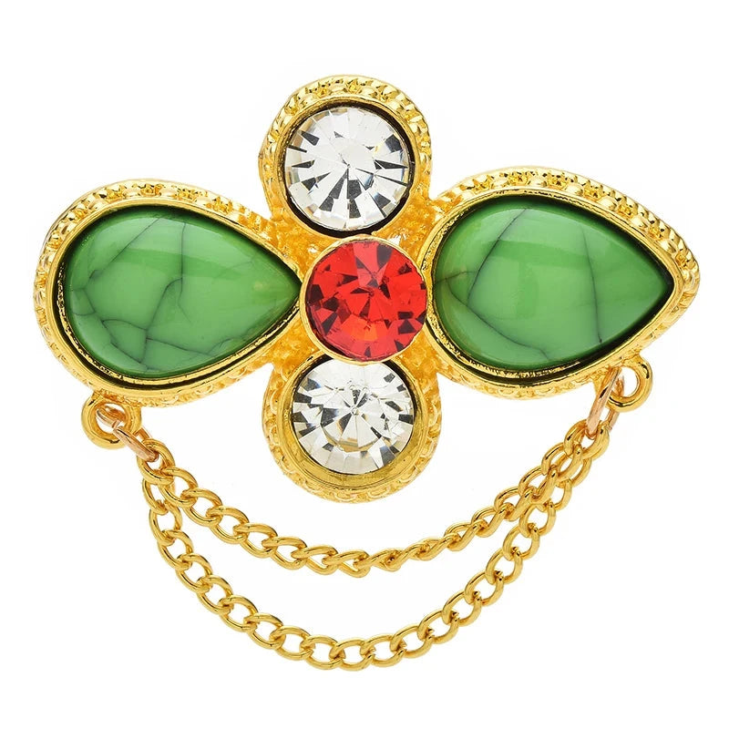 Faceted Floral Cross with Draped Chains Brooch — Green