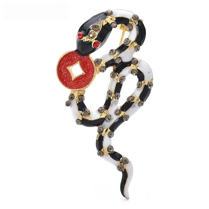 Enamel Snake with Colorful Stone Brooch — Black & Red