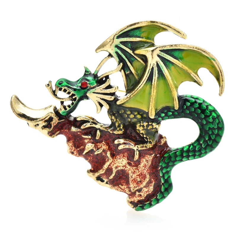 Enamel Dragon with Jeweled Wings Brooch — Green
