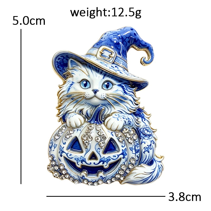 Witch Hat Kitten on Pumpkin Brooch