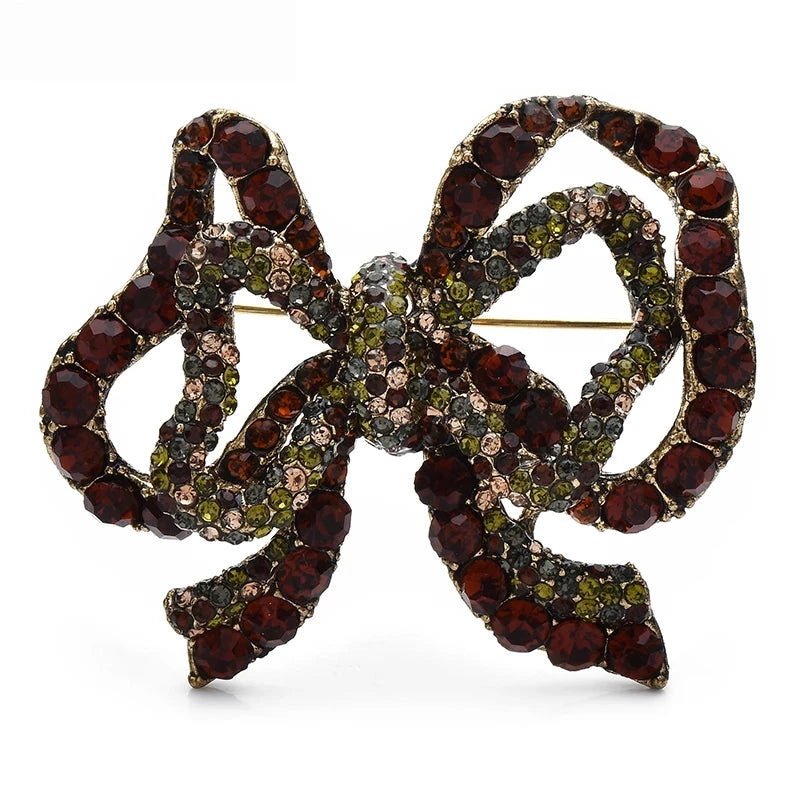 Double-Layer Rhinestone Bow Brooch — Brown
