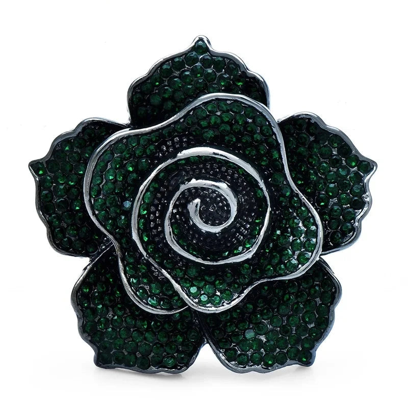 Spiral Rhinestone Rose Brooch — Green