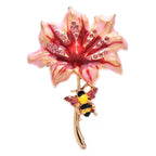 Enamel Flower with Bee on Curved Stem Brooch — Pink