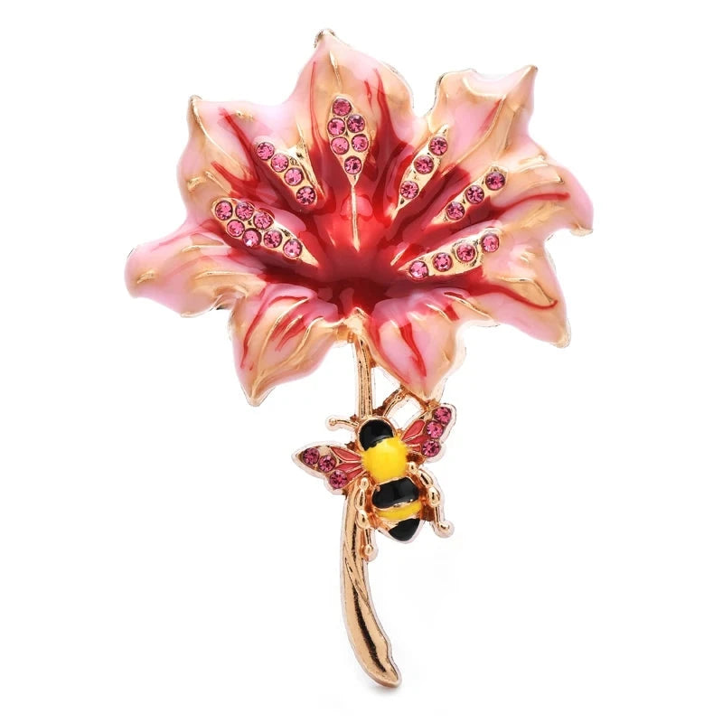 Enamel Flower with Bee on Curved Stem Brooch — Pink