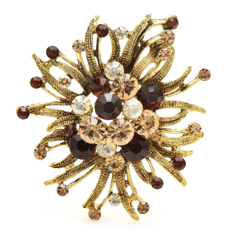 Vintage-Style Jeweled Flower with Curved Petals Brooch — Champagne