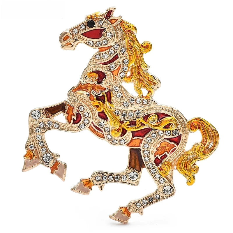 Colorful Jeweled Running Horse Brooch — Yellow