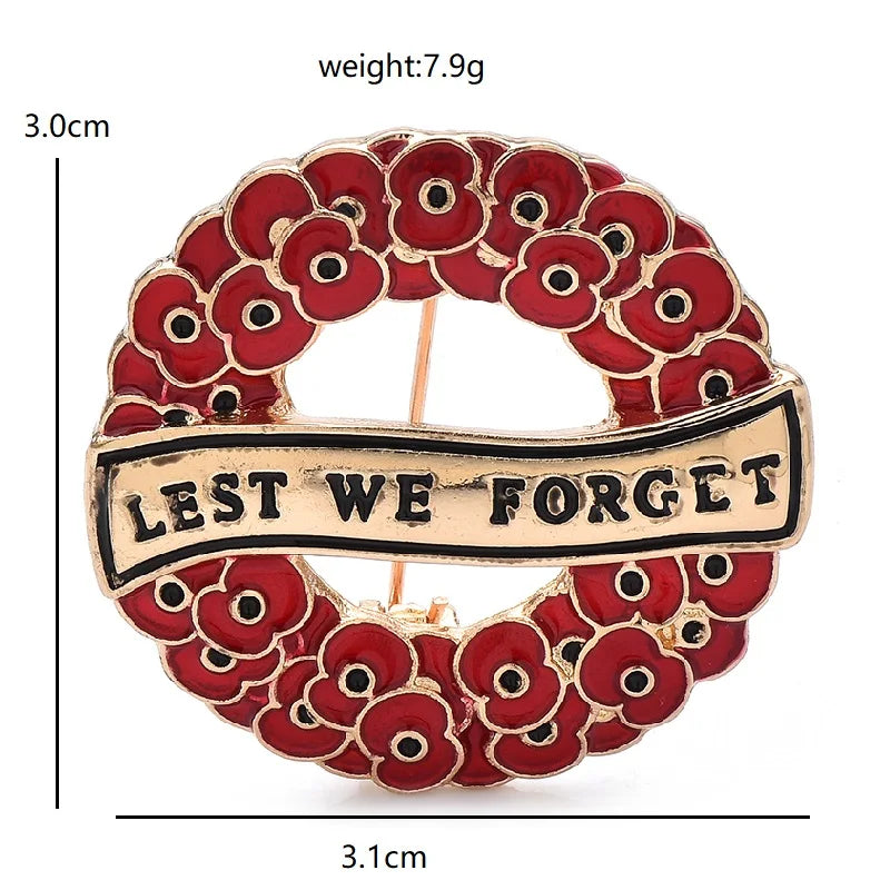 Lest We Forget Red Poppy Wreath Brooch — dimensions