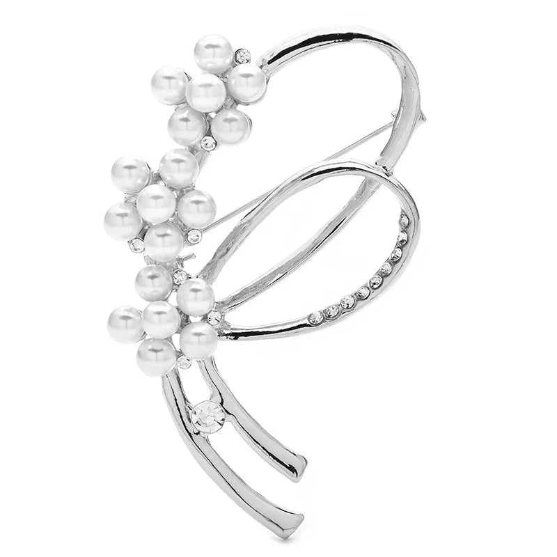 Openwork Floral Stem with Pearl-Look Accents Brooch — Silver
