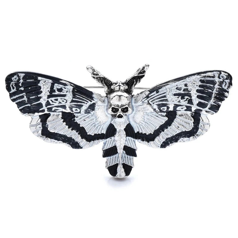Vintage-Style Skull Butterfly Enamel Brooch — Black & White