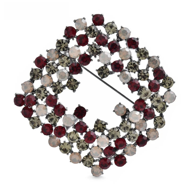 Openwork Rhinestone Square Brooch — Red