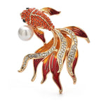 Flowing Rhinestone Goldfish with Pearl-Look Accent Brooch — Red