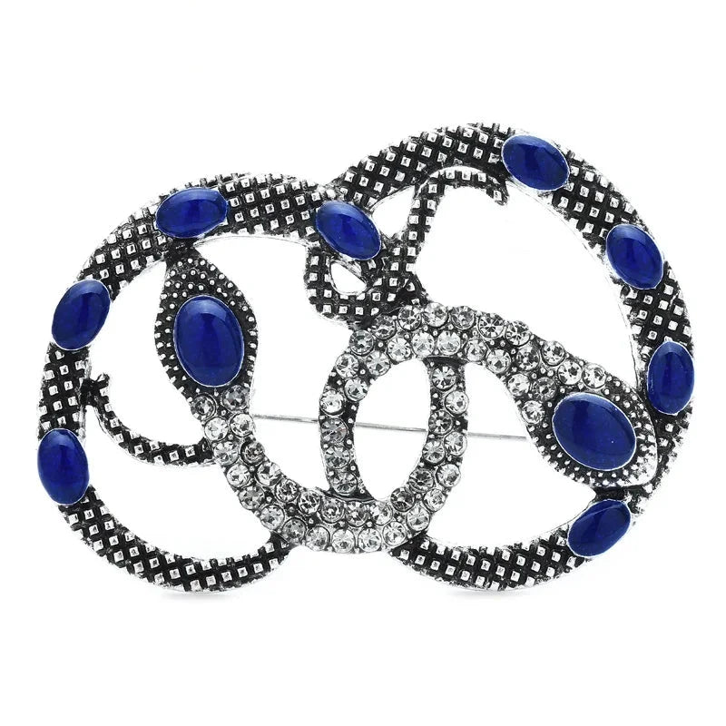 Intertwined Rhinestone Snakes Brooch — Blue