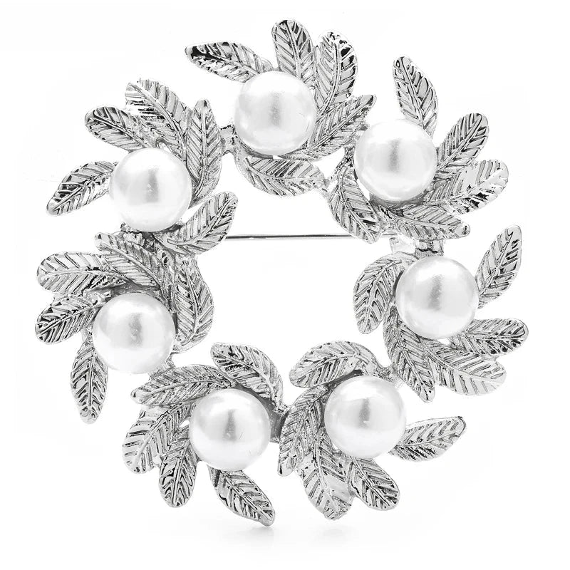 Leaf Wreath with Pearl-Look Accents Brooch — Silver