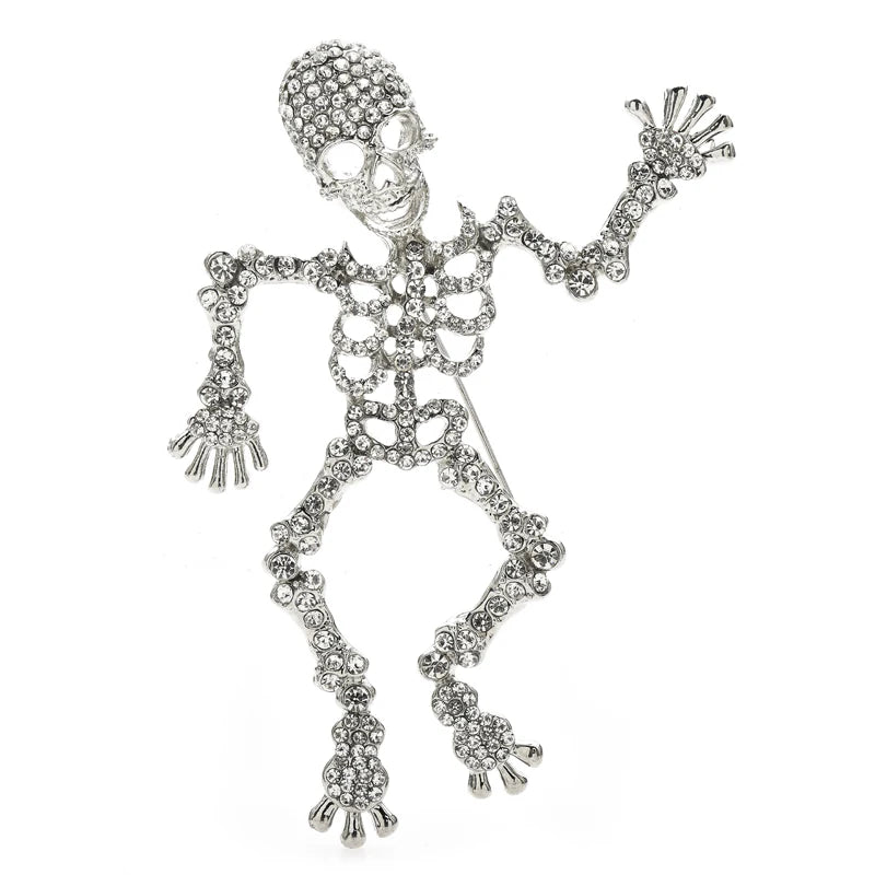 Dancing Rhinestone Skeleton Brooch — Silver