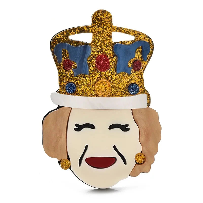 Smiling Queen with Glitter Crown Acrylic Brooch — Gold Crown