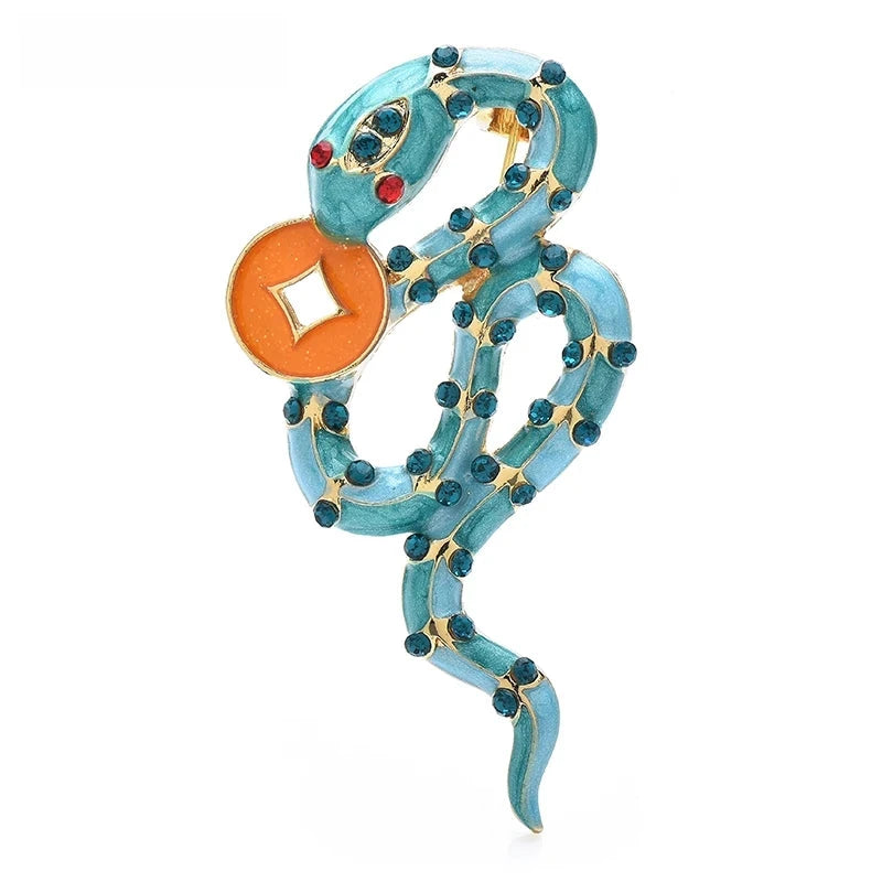 Enamel Snake with Colorful Stone Brooch — Blue & Orange